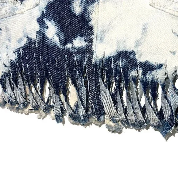 Habitual Tie Dye Mini Skirt Womens Size 25 Denim Fringe Cotton Blue Made In USA - Picture 8 of 11